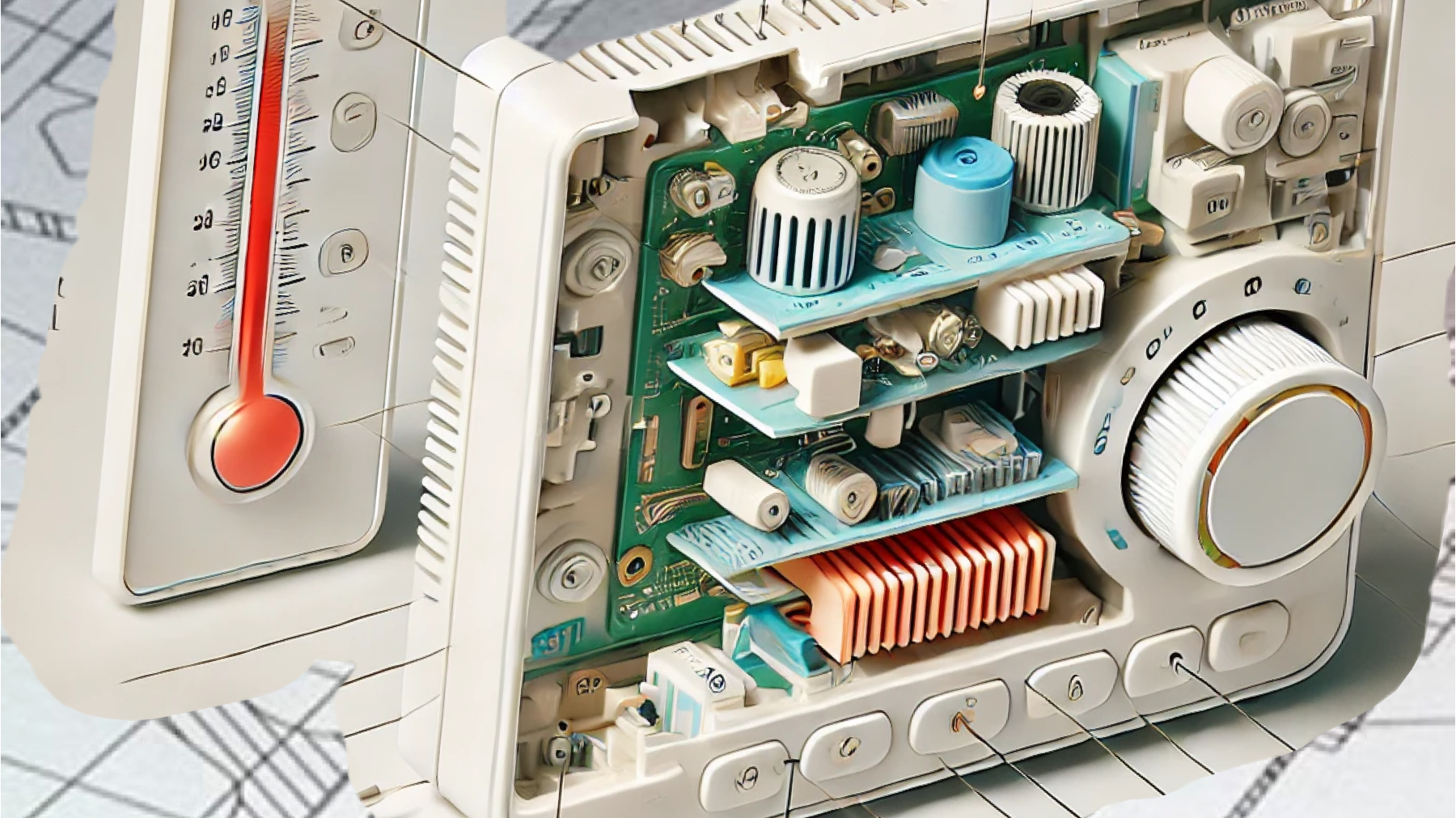 Cutaway view inside a thermostat, showing its internal components.