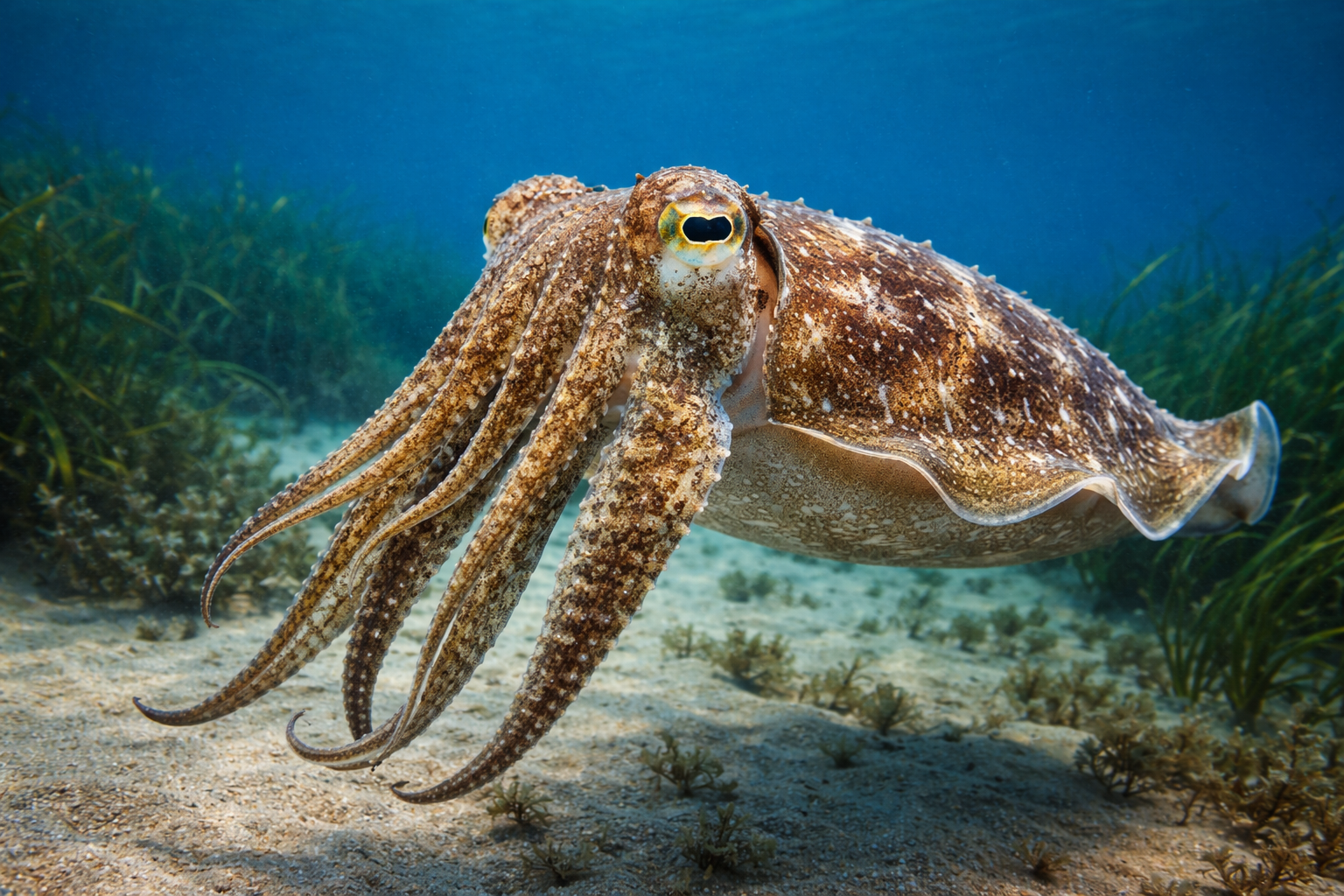 A cuttlefish, a ten-armed cephalopod with a fairly short lifespan.