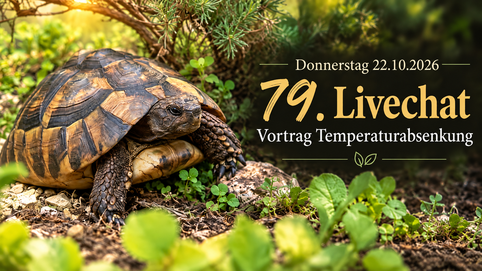 Titelfolie des Vortrags „Temperaturabsenkung und Kühlschrankstarre": Europäische Landschildkröte im Grünen