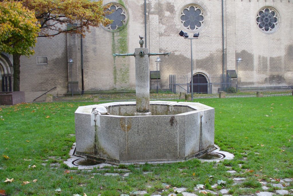 Tierbrunnen an Groß St. Martin in Köln mit achteckigem Granitbecken und Schildkrötenfigur aus hellem Marmor.