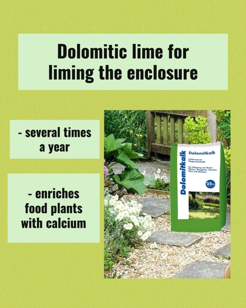 Dolomitic lime for liming the enclosure several times a year; it enriches food plants with calcium